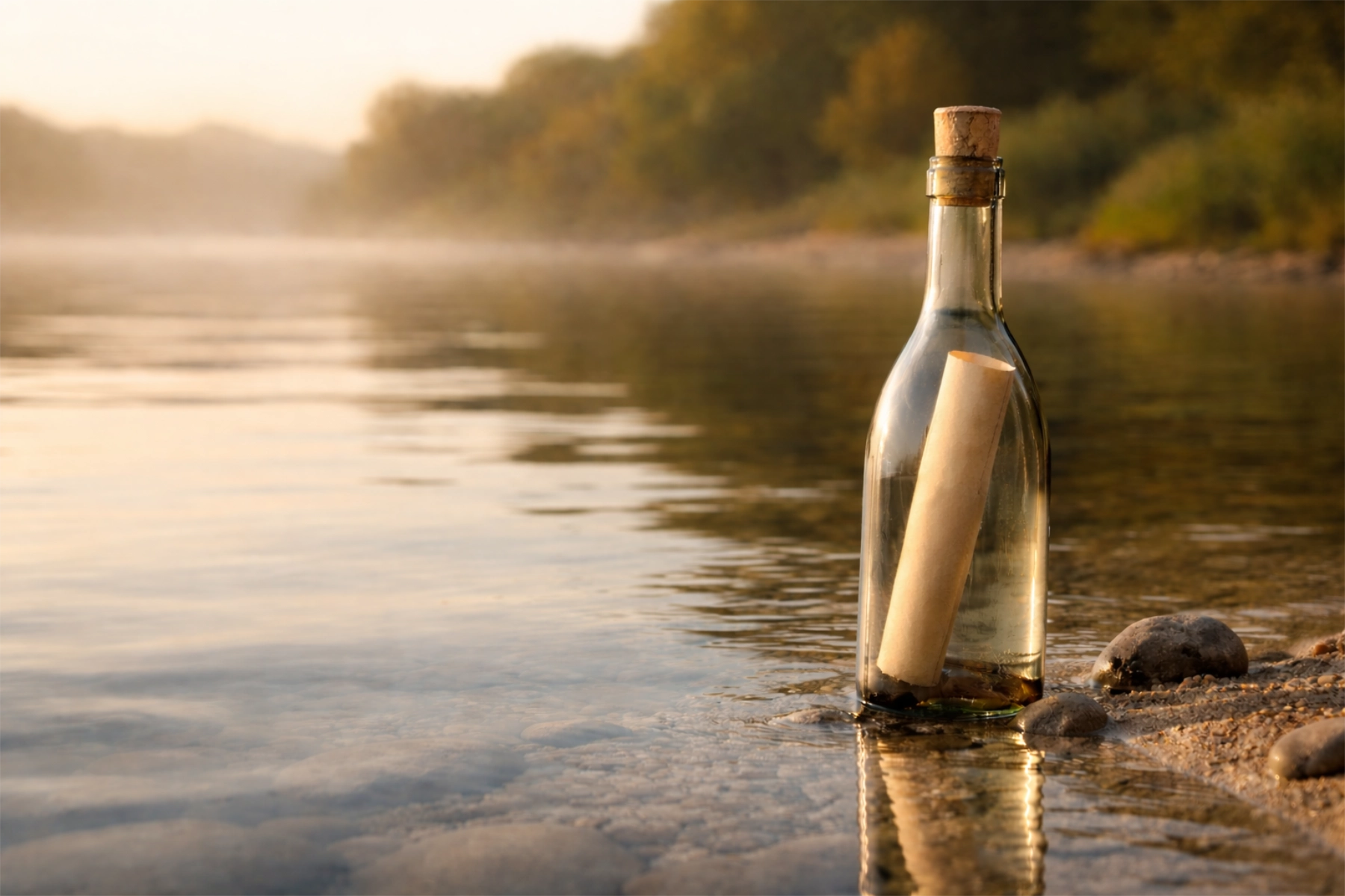 Flaschenpost-mit-Fluss-im-Hintergrund